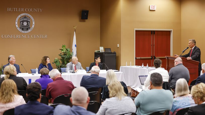 West Chester Township Trustee Mark Welch speaks during a meeting held by Butler County Commissioners to discuss homelessness with local elected officials and social service organizations Monday, July 29, 2024 in Hamilton. NICK GRAHAM/STAFF