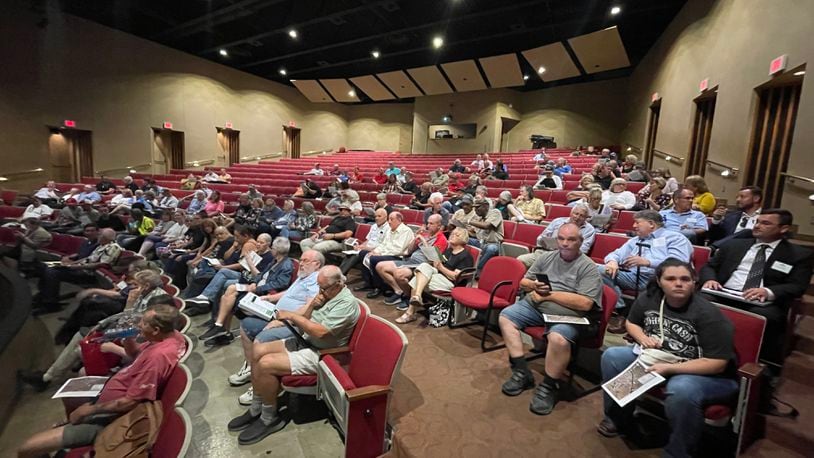 More than 100 people attended the North Hamilton Crossing meeting held Monday evening, Aug. 28, 2023, at Parrish Auditorium at Miami University Regionals Hamilton. MICHAEL D. PITMAN/STAFF