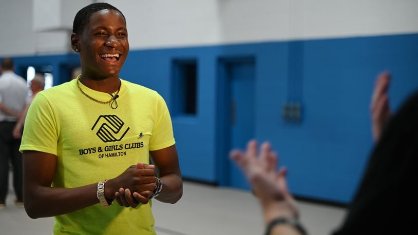 Demarion Samples, 18, the teen who won the 2024 Youth of the Year for the Boys and Girls Clubs of Ohio is competing for the Midwest title in Chicago this week. Pictured is Samples on Thursday, June 20, 2024, ahead of the dedication and ribbon-cutting for the new Boys and Girls Clubs of Hamilton Grand Boulevard gym floor. MICHAEL D. PITMAN/STAFF