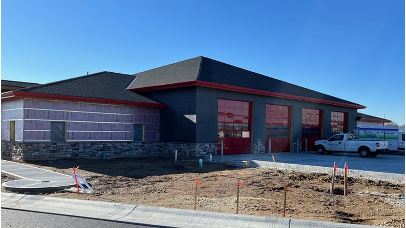 Exterior construction is nearing completion at the new JEMS/Carlisle Fire Station. Now that the station is under roof, work is continuing on the interior of the $6.1 million project. Officials said the new station is targeted to open in late March/early April. ED RICHTER/STAFF