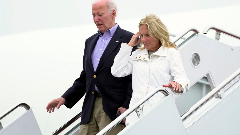 President Joe Biden and first lady Jill Biden arrive on Air Force One at Joint Base Andrews, Md., Sunday, Sept. 29, 2024. (AP Photo/Manuel Balce Ceneta)