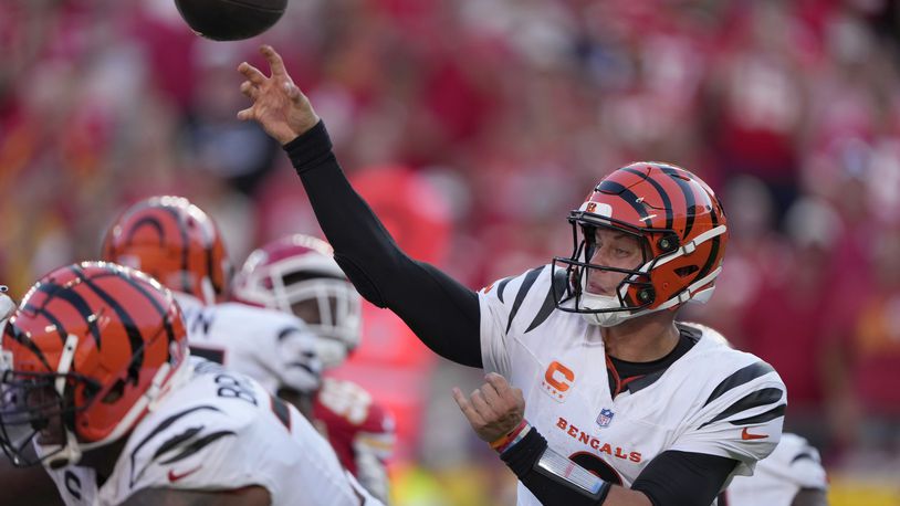 Cincinnati Bengals quarterback Joe Burrow throws during the second half of an NFL football game against the Kansas City Chiefs Sunday, Sept. 15, 2024, in Kansas City, Mo. (AP Photo/Charlie Riedel)