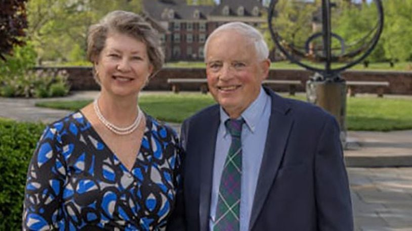 Dr. William McIntyre, a Miami University class of 1968 graduate, visited the Oxford campus this spring for the first time since he graduated. He is pictured with his wife, Dr. Laura Martin, and showed her the iconic sites he fondly recalls from his undergraduate days. They also toured the Clinical Health Sciences and Wellness Facility and McVey Data Science. Dr. McIntyre then donated $1 million to the university. CONTRIBUTED