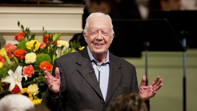 FILE - Former President Jimmy Carter teaches Sunday School class at the Maranatha Baptist Church in his hometown of Plains, Ga., Aug. 23, 2015. (AP Photo/David Goldman)