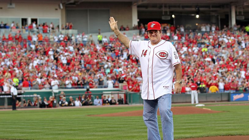 FILE - DECEMBER 14, 2015: It was reported that MLB Commissioner Rob Manfred announced Pete Rose remains banned for life from Major League Baseball December 14, 2015. CINCINNATI - SEPTEMBER 11: Pete Rose takes part in the ceremony celebrating the 25th anniversary of his breaking the career hit record of 4,192 on September 11, 2010 at Great American Ball Park in Cincinnati, Ohio. He was honored before the start of the game between the Pittsburgh Pirates and the Cincinnati Reds. (Photo by Andy Lyons/Getty Images)