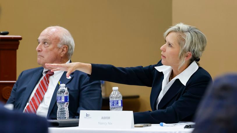 Butler County Auditor Nancy Nix answers questions during a meeting held by Butler County commissioners with county officials, state lawmakers and others to address double-digit property value hikes Monday, May 1, 2023 in Hamilton. NICK GRAHAM/STAFF