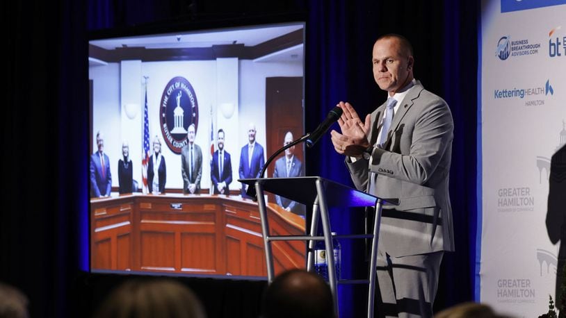 City Manager Craig Bucheit speaks to hundreds of attendees during Hamilton's annual State of the City event Wednesday, Oct. 2, 2024 at Washington Event Center in Shooters Sports Grill on NW Washington Blvd. in Hamilton. NICK GRAHAM/STAFF