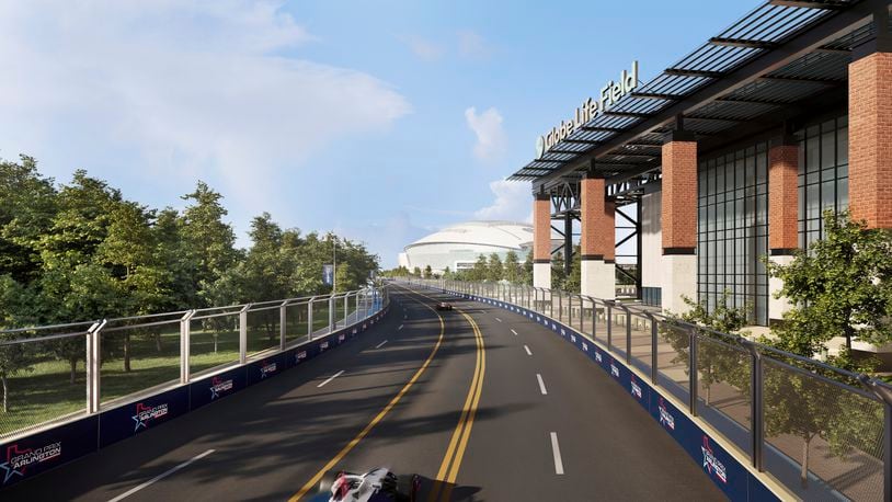 This artists rendering provided by IndyCar shows race cars passing Globe Life Field and AT&T Stadium during an IndyCar race in Arlington, Texas. (IndyCar via AP)