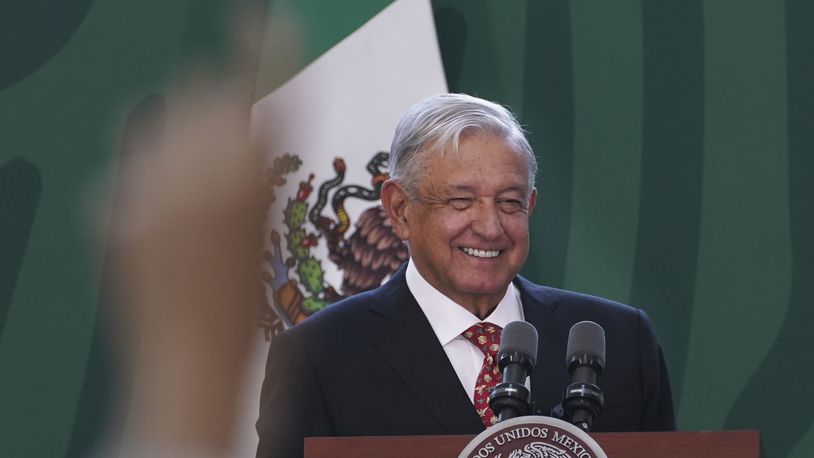 FILE - Mexican President Andres Manuel Lopez Obrador speaks during his daily morning press conference before officially inaugurating the Felipe Angeles International Airport (AIFA) north of Mexico City, March 21, 2022. (AP Photo/Marco Ugarte, File)