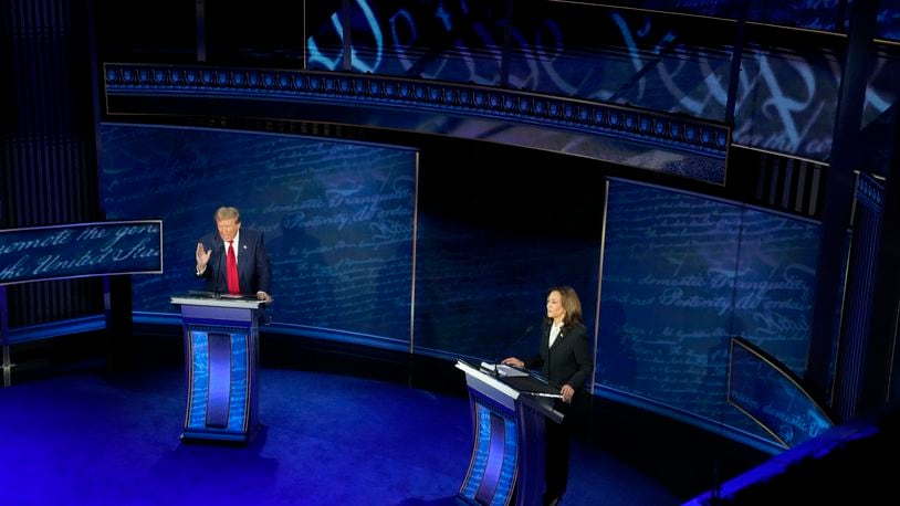 Republican presidential nominee former President Donald Trump and Democratic presidential nominee Vice President Kamala Harris participate during an ABC News presidential debate at the National Constitution Center, Tuesday, Sept.10, 2024, in Philadelphia. (AP Photo/Alex Brandon)