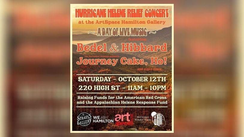 The Hamilton Hurricane Hoedown, a benefit concert with a day of live music featuring Bedel & Hibbard to aid those affected by the recent Hurricane Helene flooding, will be from 11 a.m. to 10 p.m. on Oct. 12 at Artspace Hamilton Gallery. CONTRIBUTED