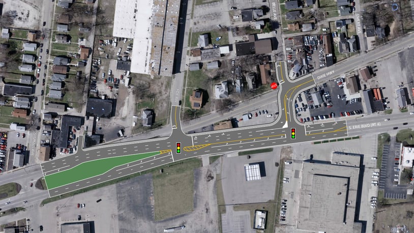 The $4.75 million reconfiguration at Ohio 4, Dixie Highway and Belle Avenue is being done to help support the Darana Hybrid's 100,000-square-foot expansion which will add 55 new jobs to its workforce of 61. North on this map is to the right. PROVIDED/CITY OF HAMILTON