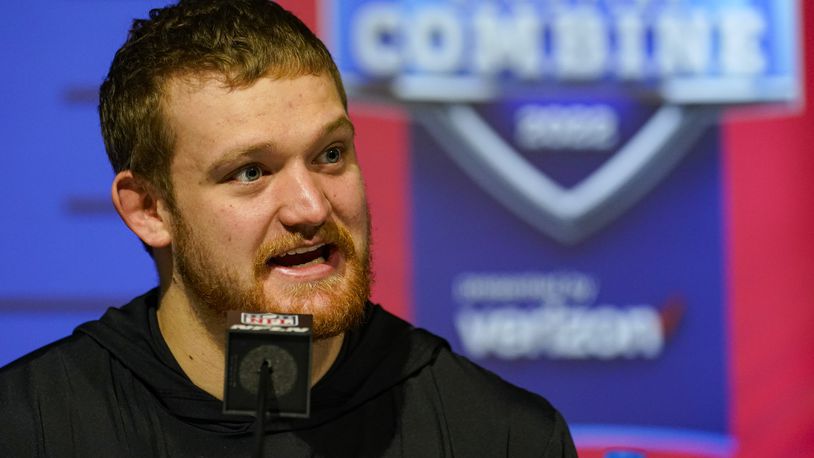 North Dakota St offensive lineman Cordell Volson speaks during a press conference at the NFL football scouting combine in Indianapolis, Thursday, March 3, 2022. (AP Photo/Michael Conroy)