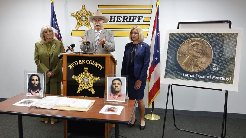 Butler County Sheriff Richard K. Jones talks about the three kilos of fentanyl that were seized Oct. 14 during a routine traffic stop on Ohio 4. He was joined at the press conference by State. Rep. Sara Carruthers and State Rep. Cindy Abrams. NICK GRAHAM/STAFF