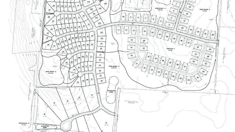 This is the latest concept plan for the Silver Mill subdivision off Lytle-Five Points Road in Clearcreek Twp. On Monday, April 12, 2021, township trustees voted to deny the request to rezone and the Stage 1 approval for a Residential Planned Unit Development. The left side of the map is where single family homes would be developed, while the right side shows where quad-unit dwellings would be located for residents 55 and older. CONTRIBUTED/CLEARCREEK TWP.