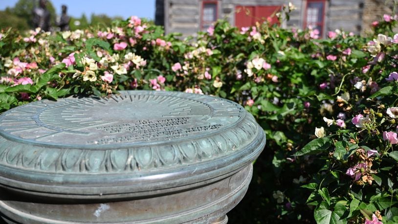 Butler County historian Kathleen Fox is working to get this sundial at Monument Park in Hamilton restored. It was dedicated in May 1941 in honor of Josephine Straub Weiler, the mother of former Hamilton newspaper columnist and writer Stella Weiler Taylor. Pictured is the sundial on Thursday, Sept. 5, 2024, without its gnomon, the piece that casts a shadow to show the time of day. It's been missing for years. MICHAEL D. PITMAN/STAFF