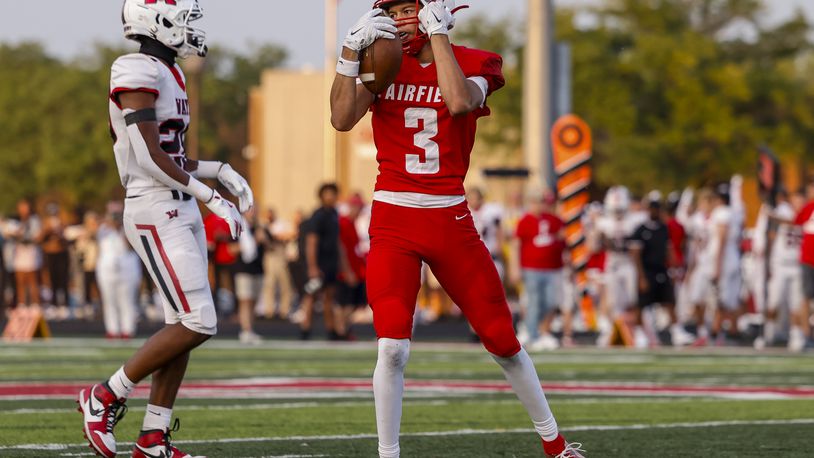 Fairfield's Derion Prophett makes a catch during their game against Wayne. Wayne defeated Fairfield 31-13 on opening night of high school football Friday, Aug. 23, 2024 at Fairfield Alumni Stadium. NICK GRAHAM/STAFF