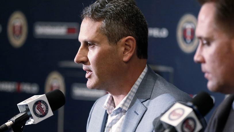 FILE - Minnesota Twins general manager Thad Levine answers a question during a baseball news conference, Oct.2, 2018, in Minneapolis. (AP Photo/Jim Mone, File)