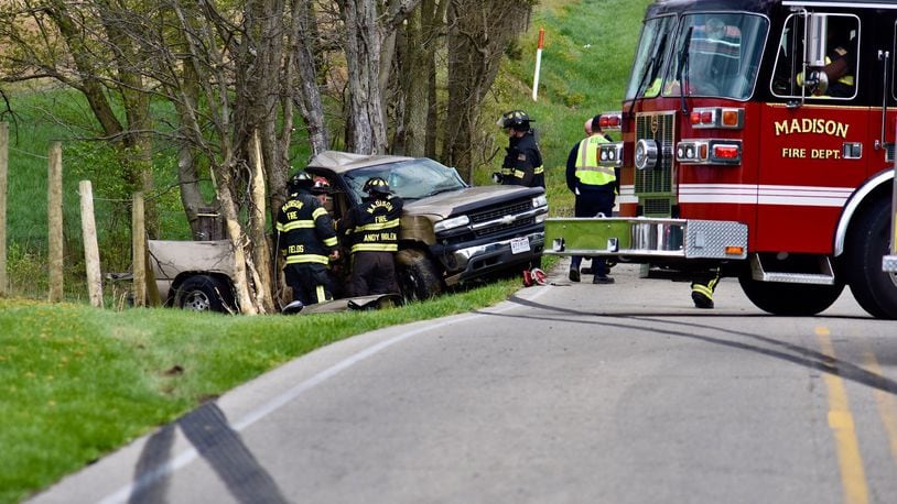 The driver of a 2000 Chevy truck allegedly ran a stop sign Friday afternoon at the corner of Keister and Germantown roads causing a two-vehicle crash. The truck hit a mailbox, telephone phone and a tree. Two people in the truck went transported to area hospitals. NICK GRAHAM/STAFF