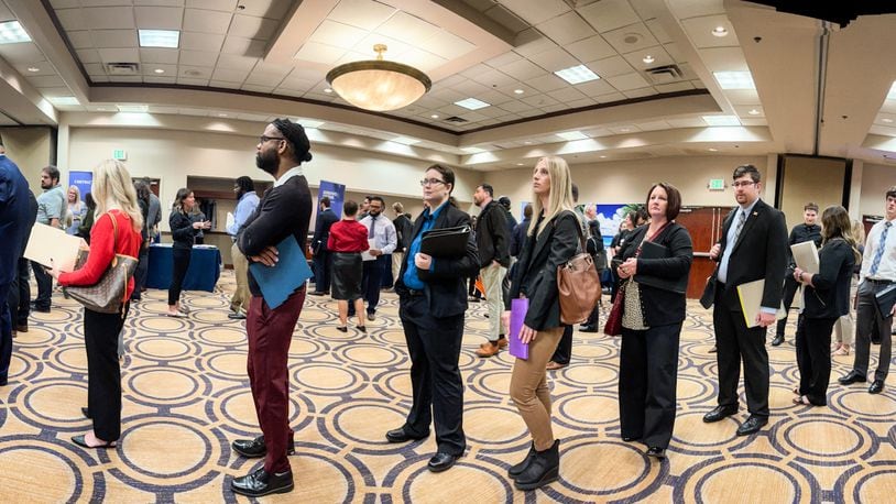 Long lines formed at the Air Force Research Lab hiring event held Tuesday October 8, 2024 at the Fairborn Holiday Inn. JIM NOELKER/STAFF