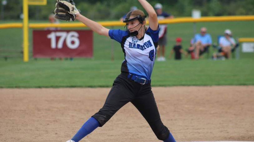 Olivia Lane of West Side Little League softball fires a pitch plateward during the state tournament. CONTRIBUTED