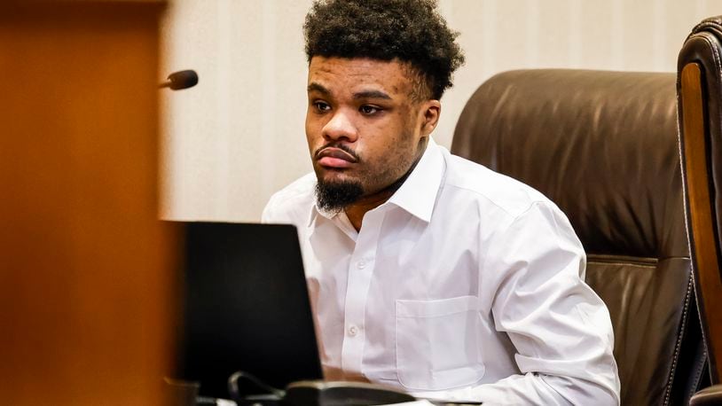 Robert Morris sits during opening statements of his trial in Butler County Common Pleas Court for the shooting death of 22-year-old Keshon Sanders on Oct. 20, 2022. Sanders was found in his car, shot multiple times, at Meadow Ridge Apartments in West Chester Township. NICK GRAHAM/STAFF