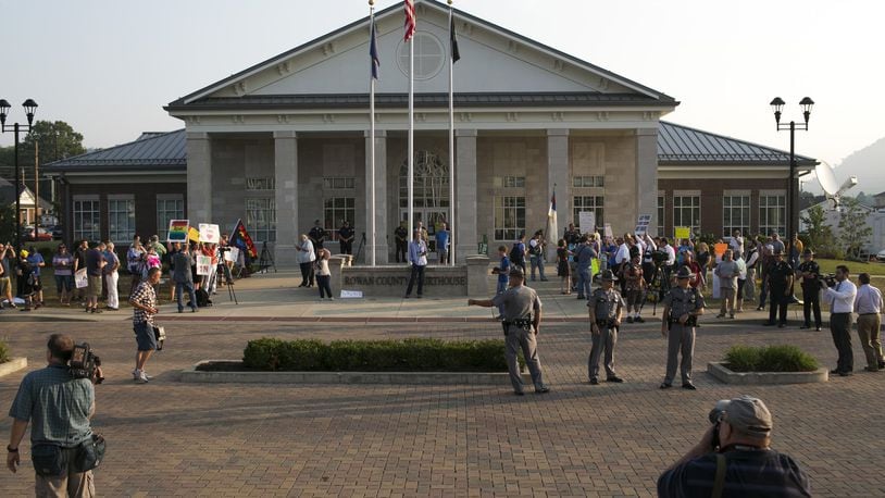 Protesters and supporters of same-sex marriage rights gather Sept. 4 outside the county courthouse in Morehead, Ky. (Maddie McGarvey/The New York Times)