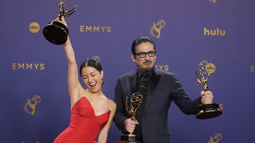 Anna Sawai, left, winner of the award for outstanding lead actress in a drama series for "Shogun", and Hiroyuki Sanada, winner of the awards for outstanding lead actor in a drama series, and outstanding drama series for "Shogun" pose in the press room during the 76th Primetime Emmy Awards on Sunday, Sept. 15, 2024, at the Peacock Theater in Los Angeles. (AP Photo/Jae C. Hong)