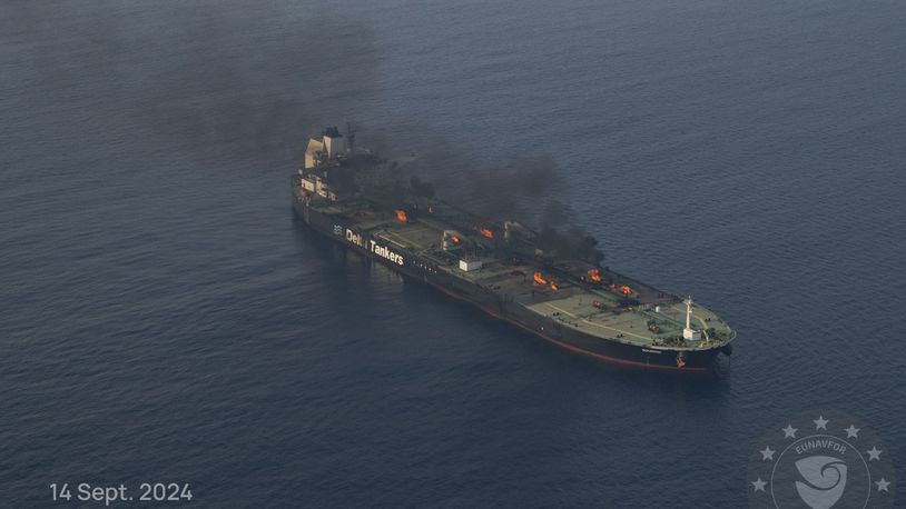 This photo released by the European Union's Operation Aspides naval force shows the oil tanker Sounion burning in the Red Sea following a series of attacks by Yemen's Houthi rebels, on Saturday Sept. 14, 2024. (European Union's Operation Aspides via AP)