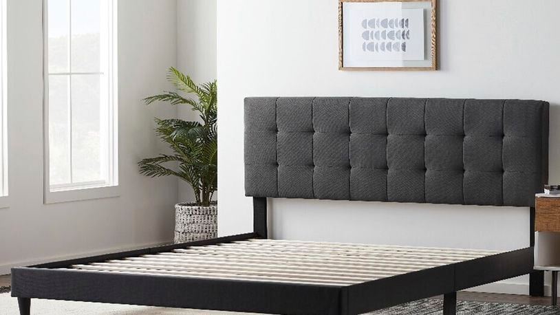 This photo provided by the Consumer Product Safety Commission shows a Lucid Platform Bed with an upholstered square tufted headboard that is being recalled across the U.S. and Canada, Thursday, Sept. 19, 2024, because they can break during use. (Consumer Product Safety Commission via AP)