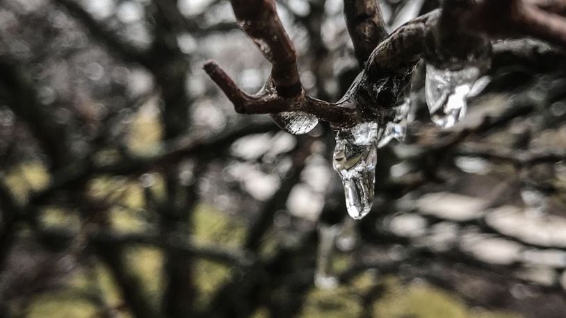 Ice forms on a tree in Dayton the evening of March 15, 2021. JIM NOELKER / STAFF