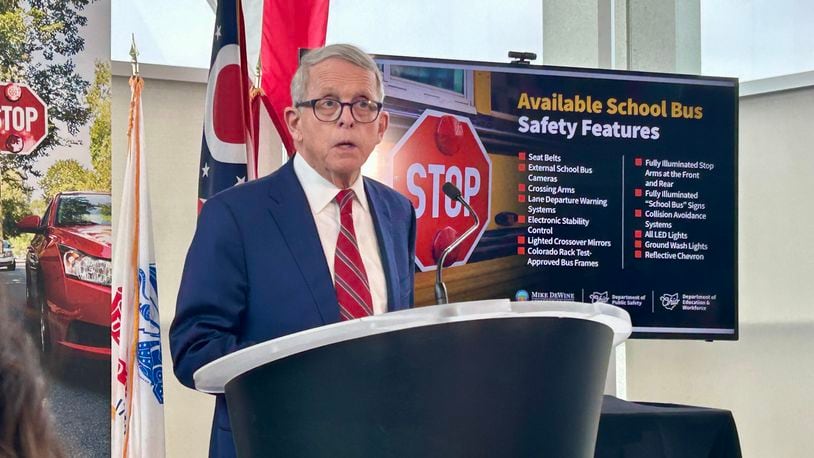 Ohio Gov. Mike DeWine speaks after his task force finalized recommendations to improve school bus safety in Ohio on January 31, 2024.