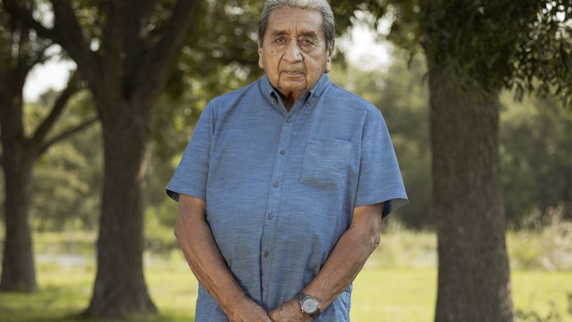 George Thompson, who is the Mekko, a ceremonial leader, of Hickory Ground in the Muscogee Nation poses for a photo, Aug. 21, 2024, in Okmulgee, Okla. (AP Photo/Brittany Bendabout)