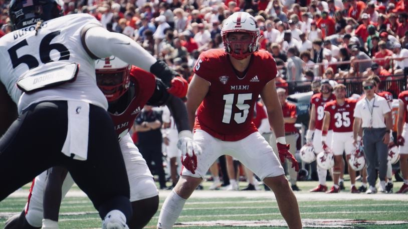 Miami's Matt Salopek (15) will lead the RedHawks' defense into Notre Dame on Saturday in South Bend. Chris Vogt/CONTRIBUTED