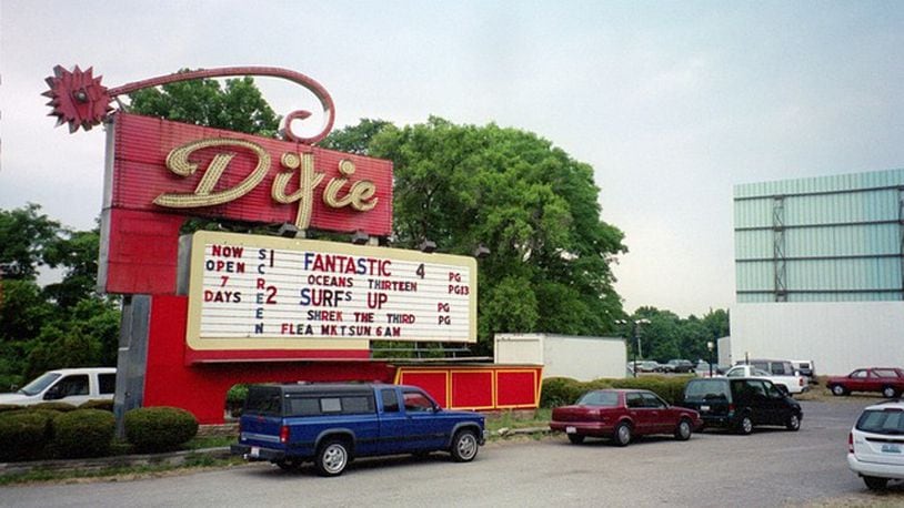 The Dixie Twin Drive-in features a traditional 1950s aesthetic and has two screens, one 120’ by 52’ and the other 100’ by 65’. (Source: CinemaTreasures.org)