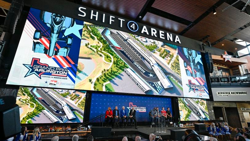 The scene during a news conference announcing the IndyCar Grand Prix of Arlington to be held in 2026 in Arlington, Texas, Tuesday, Oct. 8, 2024. (AP Photo/Jerome Miron)