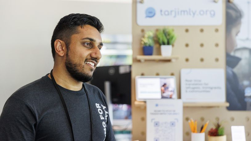 Tarjimly co-founder Atif Javed presents his app at the Google Impact Summit on Wednesday, Sept. 4, 2024, in Sunnyvale, Calif. (AP Photo/Juliana Yamada)