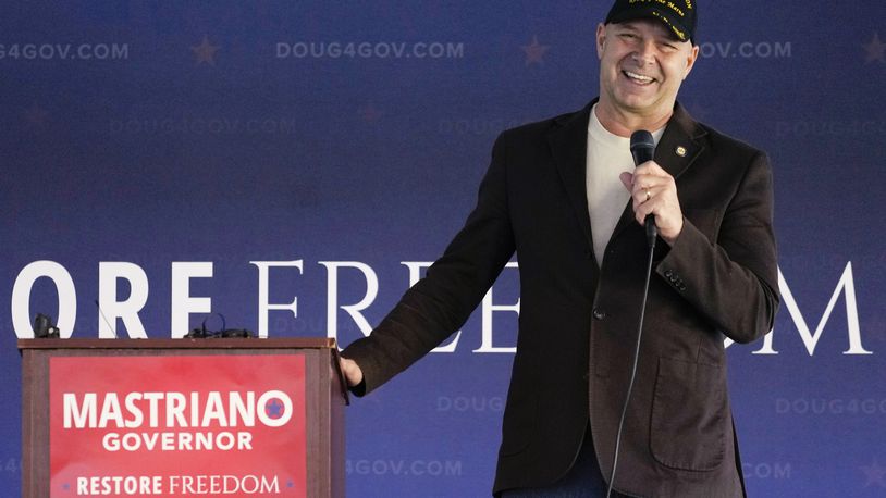 FILE - Pennsylvania Republican gubernatorial candidate Doug Mastriano speaks during a campaign event at Crossing Vineyards and Winery in Newtown, Pa., Monday, Nov. 7, 2022. (AP Photo/Carolyn Kaster, File)