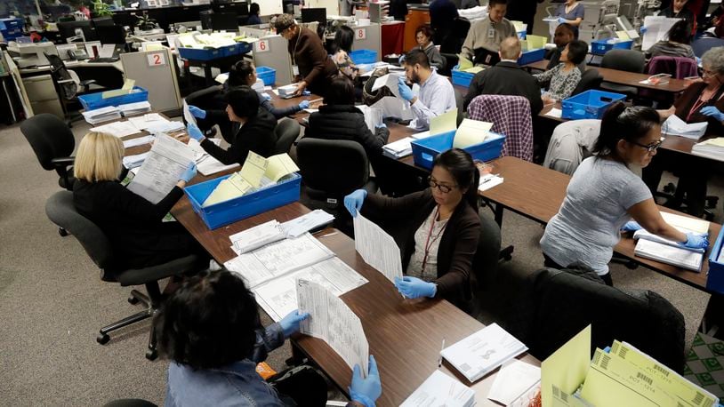 FILE - This Nov. 4, 2016, file photo shows mail-in ballots being sorted at the Santa Clara County Registrar of Voters in San Jose, Calif. (AP Photo/Marcio Jose Sanchez, File)