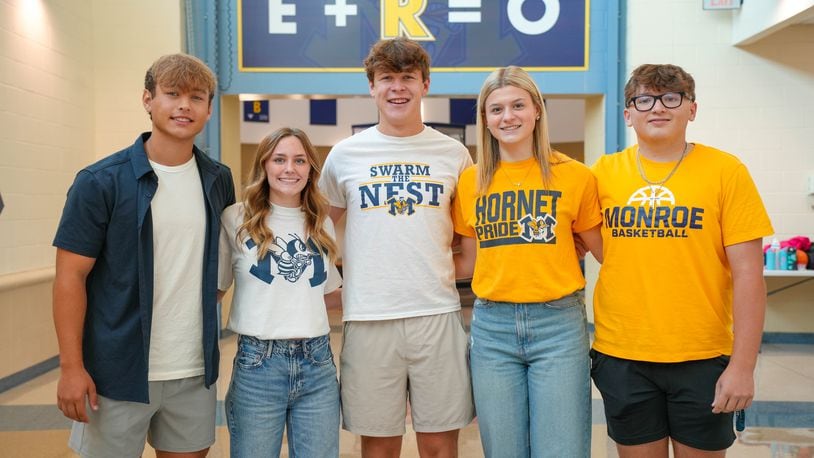 Former Monroe Schools classmates of Madison Smallwood, who died of cancer in 2019, honored her legacy with a T-shirt fundraiser generating money to battle the disease. From left to right: Kayden Merritt, Aubrey Sellman, Drew Heagen, Olivia Weiseman and Christian LeMieux. (Contributed/Journal-News)