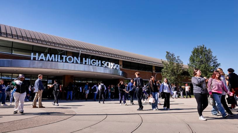 Students exit Hamilton High School at the end of the school day Thursday, Oct. 3, 2024 in Hamilton. NICK GRAHAM/STAFF