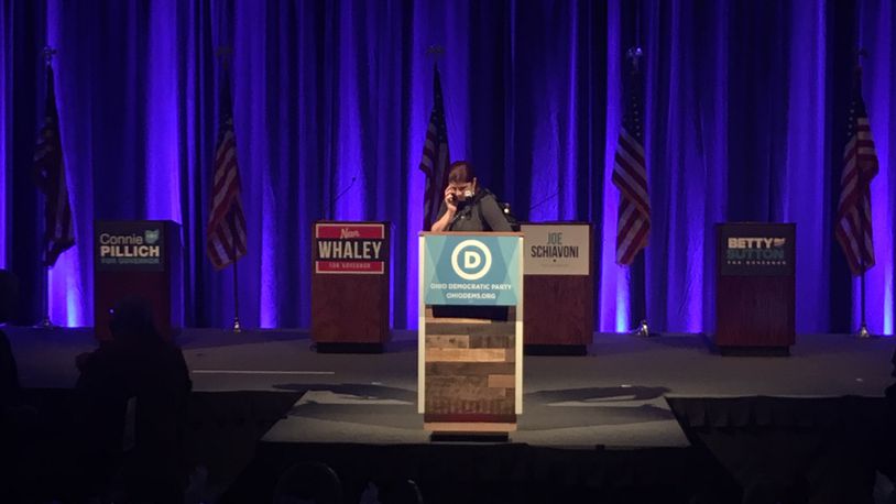 Final preparations are made for the second official Ohio Democratic Party gubernatorial debate at the Greater Columbus Convention Center on Sunday, Oct. 29, 2017. WILL GARBE / STAFF