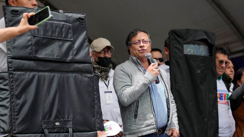 FILE - Presidential candidate Gustavo Petro addresses supporters at his closing campaign rally in Zipaquira, Colombia, May 22, 2022. (AP Photo/Fernando Vergara, File)