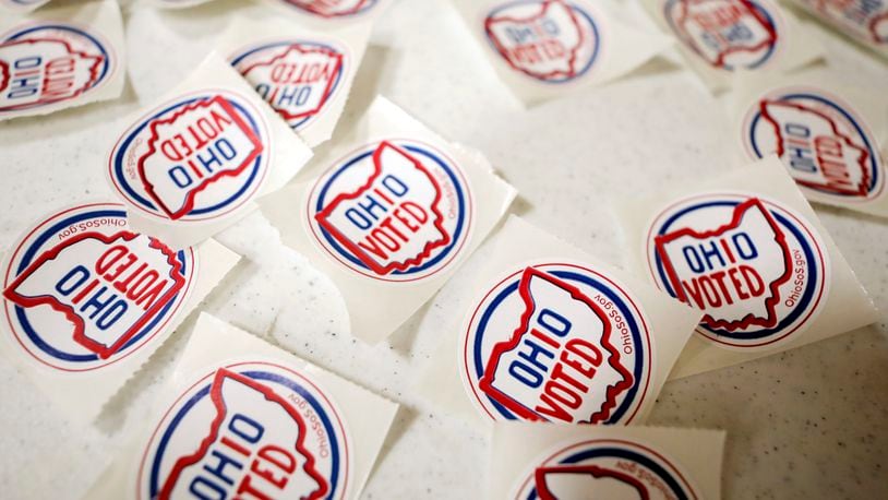 "I voted" stickers are displayed at the exit of the polling site at Toth Elementary School, Tuesday, Aug. 8, 2023 in Perrysburg, Ohio. Ohioans are voting on Issue 1. Voters in Ohio on Tuesday are weighing whether to make it more difficult to change the state's constitution, a decision that will have national implications in the debate over the future of abortion rights in the United States. (Kurt Steiss/The Blade via AP)