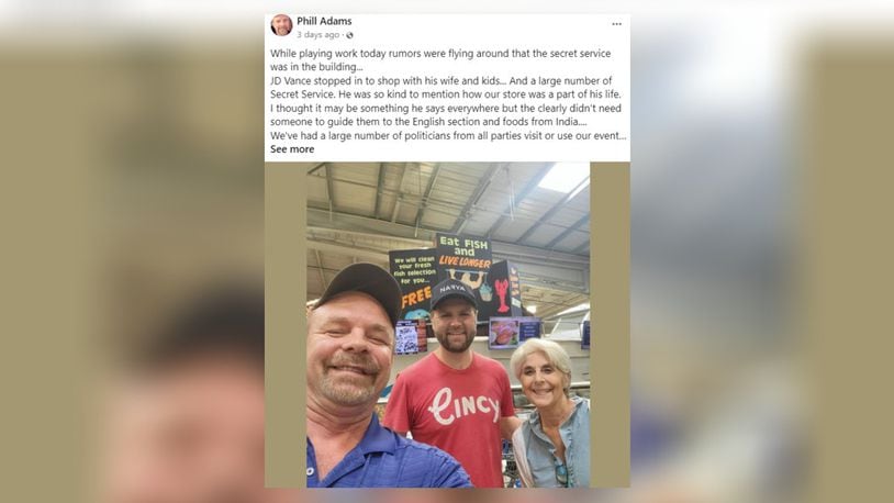 Ohio Sen. JD Vance visited Jungle Jim's in Fairfield on Friday, July 19, 2024. PHILL ADAMS/FACEBOOK