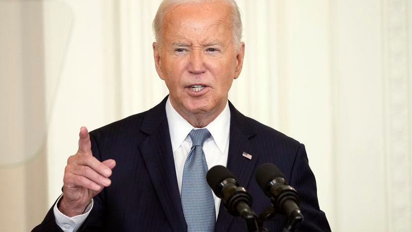 President Joe Biden speaks during a Medal of Honor Ceremony at the White House in Washington, Wednesday, July 3, 2024, posthumously honoring two U.S. Army privates who were part of a daring Union Army contingent that stole a Confederate train during the Civil War. U.S. Army Pvts. Philip G. Shadrach and George D. Wilson were captured by Confederates and executed by hanging. (AP Photo/Susan Wals