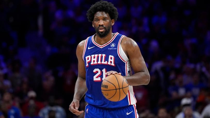 FILE - Philadelphia 76ers' Joel Embiid plays during Game 6 in an NBA basketball first-round playoff series, Thursday, May 2, 2024, in Philadelphia. (AP Photo/Matt Slocum, File)