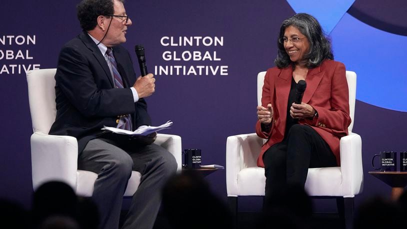 Binaifer Nowrojee, President of Open Society Foundations, right, speaks with a journalist during the Clinton Global Initiative, on Monday, Sept. 23, 2024, in New York. (AP Photo/Andres Kudacki)