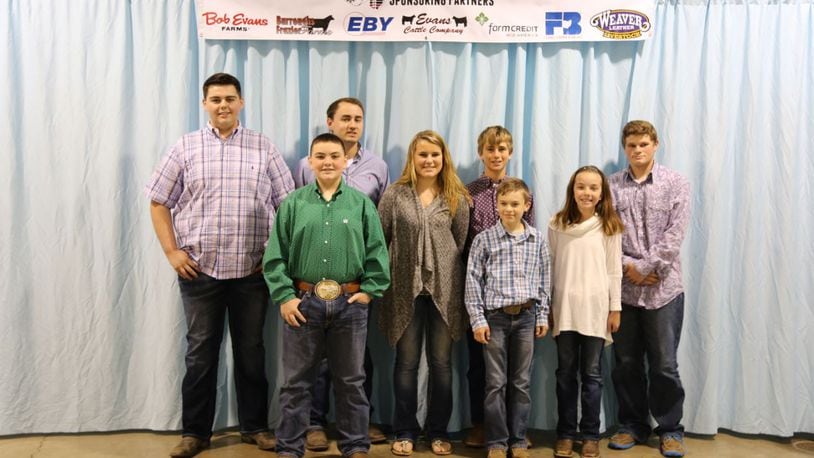 Butler County youth had a successful 2016-2017 BEST season and were recognized during the annual BEST banquet by BEST Sponsoring Partners Bob Evans Farms, Burroughs Frazier Farms, Evans Cattle Company, Farm Credit Mid-America, M.H. Eby, Ohio Farm Bureau Federation and Weaver Leather Livestock. Pictured from left to right are: (front) Raymond Beneker, Colleen Minges, Luke Keifer, Raegan Beneker, (back) Jake Hill, Austin Garner, Morgan Gillespie and Wally Minges. CONTRIBUTED