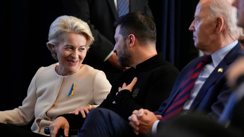 President Joe Biden hosts an event with Ukraine President Volodymyr Zelenskyy, European Commission President Ursula von der Leyen, left, and other world leaders launching a Joint Declaration of Support for Ukrainian Recovery and Reconstruction, Wednesday, Sept. 25, 2024, in New York. (AP Photo/Manuel Balce Ceneta)